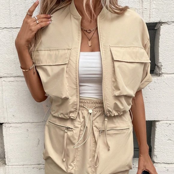 Casual Flap Pocket Drawstring Hem Jacket & Skirt Khaki - Picture 5 of 9